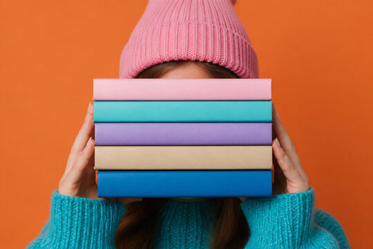 A person wearing a pink beanie and turquoise sweater holds a stack of colorful books in front of their face against an orange background.