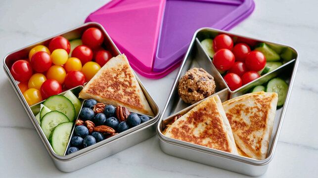Colorful bento lunch boxes filled with fresh vegetables, fruits, and sandwiches arranged neatly on a marble countertop with a vibrant purple lid