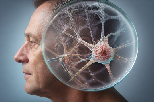 A close-up profile of a man with a magnified view of a neuron overlaid on his head.