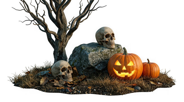 Halloween scene with jackolantern pumpkins, human skulls, and a dead tree isolated on transparent background