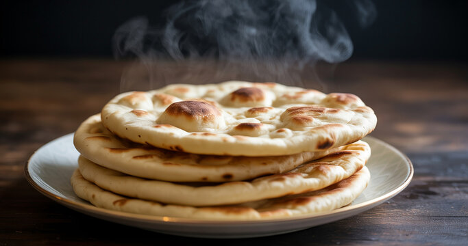 Close-up of a Stack of Warm, Steaming Naan Bread Freshly Baked and Ready to Enjoy