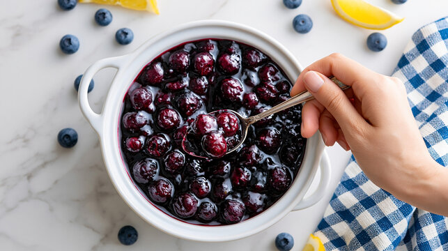 Hand holding a silver spoon scooping blueberry jam from a white ceramic bowl on a marble countertop with fresh blueberries and lemon slices nearby