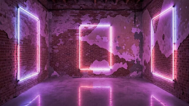 Industrial Room with Glowing Neon Rectangles and Pink Lighting