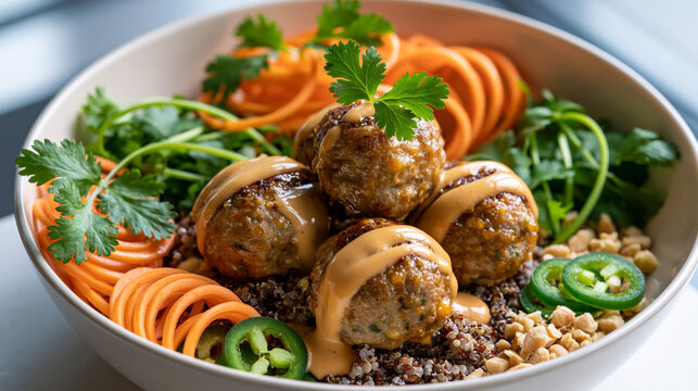 Delicious meatballs served in a bowl with quinoa, fresh vegetables, and a drizzle of sauce, garnished with cilantro and jalapeno slices