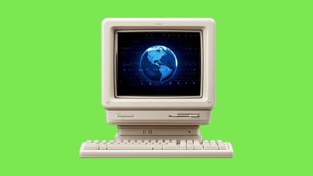 Vintage beige retro computer with a glowing blue earth globe on the monitor screen isolated on a bright lime green background