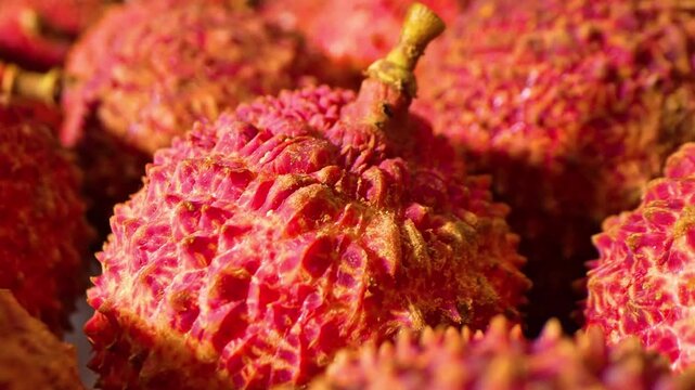 4K Close-up of fresh rambutan fruit with vibrant red skin and soft spines, showcasing exotic tropical produce and natural food texture.