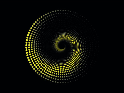 Abstract yellow dot spiral vortex texture on black background. Geometric halftone circular wave pattern design. Vibrant light rotation optical illusion. Modern dynamic backdrop for visual and