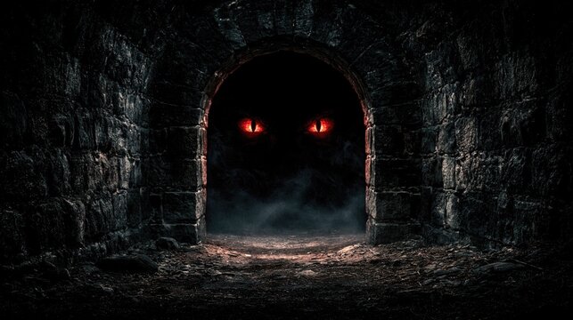 Cellar entrance with red eyes in stone archway, dark shadows, mist, broken ground, and eerie darkness suggesting Halloween horror, abandoned underground fear, gothic mystery