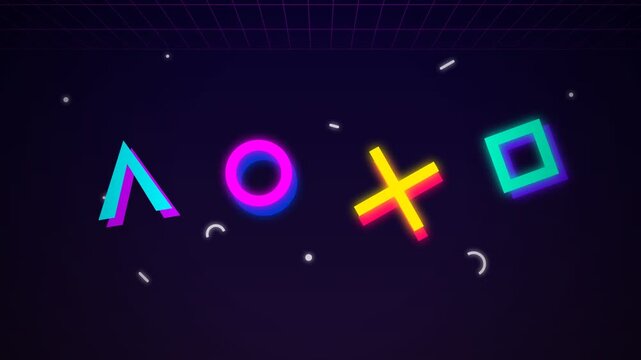 Abstract neon game controller symbols on a dark retro background with glowing geometric shapes