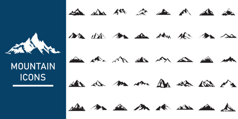 Fototapeta premium Peak logo mountain icon, mountain silhouette vector set for logo, hike travel illustration collection, rocky hills terrain, mountains silhouette for landscape design on transparent background.