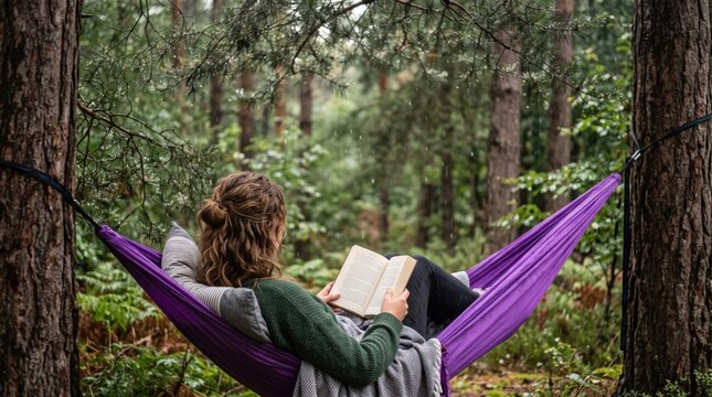 Woman reading a book in a hammock among pine trees during a gentle forest rain. Peaceful retreat, outdoor relaxation, mindfulness, solitude, and nature escape concept.