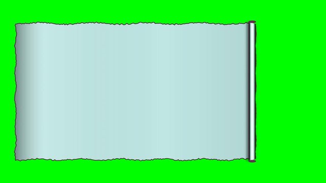 A rolled sheet of parchment paper with torn edges isolated on a chroma key green background