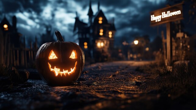 Halloween jack o lantern glows on a dark village street with haunted houses and a Happy Halloween sign for seasonal decor and event use.