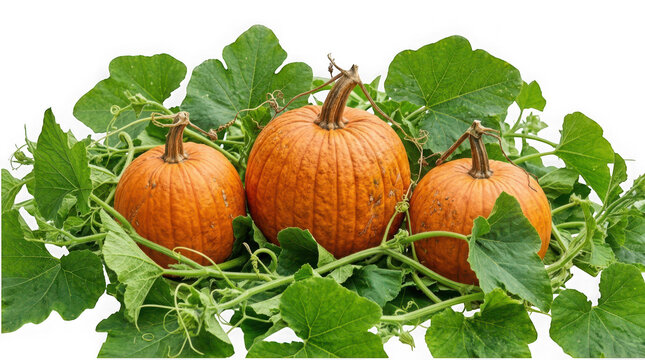 Three orange pumpkins with green leaves and vines isolated on transparent background