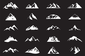 Fototapeta premium Mountain peaks set vector illustration black silhouette shapes isolated on white background for outdoor adventure travel logo design elements and hiking icons.