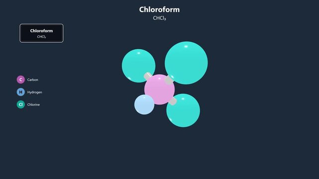 Chemical structure of chloroform molecule with carbon hydrogen and chlorine atoms represented in a scientific illustration