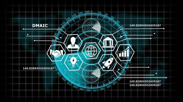 Advanced dmaic methodology digital interface featuring animated business global connectivity networks, data analytics hud, and futuristic hud radar for corporate strategic management presentations