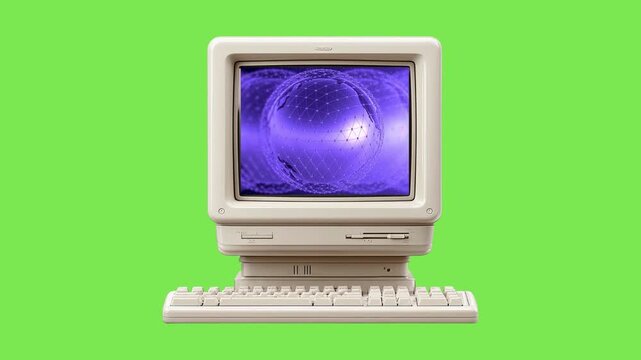 Retro computer with CRT monitor showing abstract purple digital vortex. Classic technology on green background, blending nostalgic hardware with virtual aesthetics