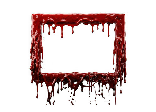 Rectangular picture frame covered in dripping red blood isolated on transparent background