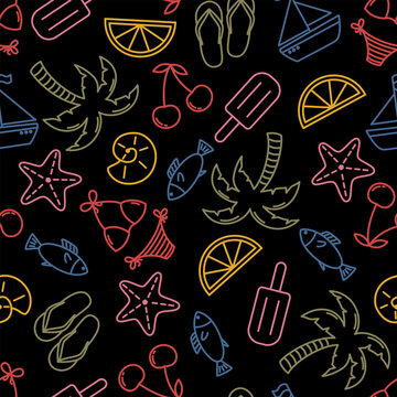 Seamless summer vector pattern with colorful elements. Fun pattern with various beach elements.