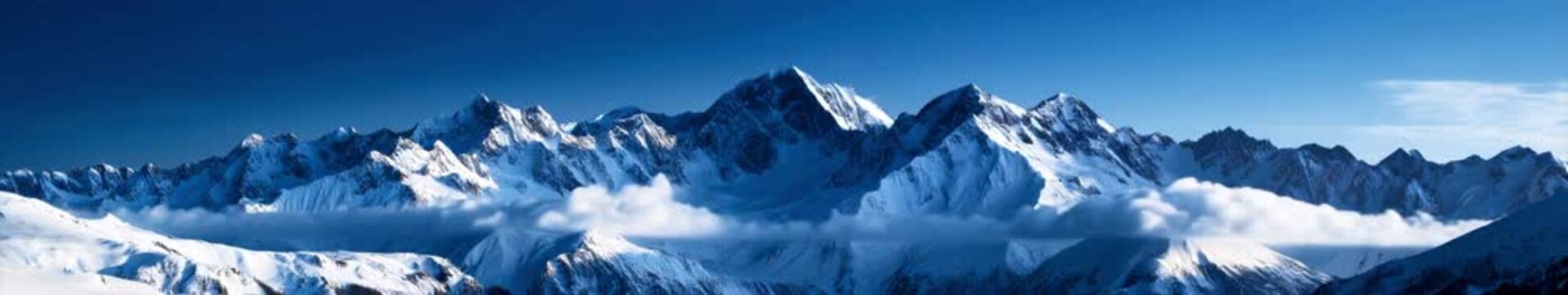 Snow-Covered Mountain Range Above Low Clouds Under a Deep Blue Sky in a Panoramic Seamless Loop Animation