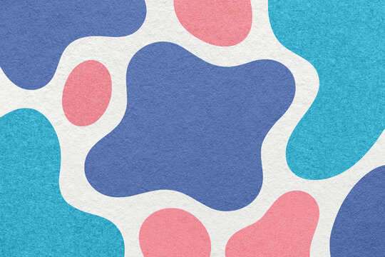 Abstract light pink, turquoise, blue paper texture background with amorphous fluid blob shapes and spots in flat organic design