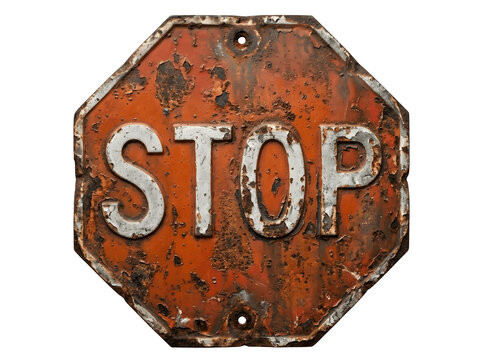 Rusty vintage stop sign with weathered orange surface funny animal emoji isolated on transparent background