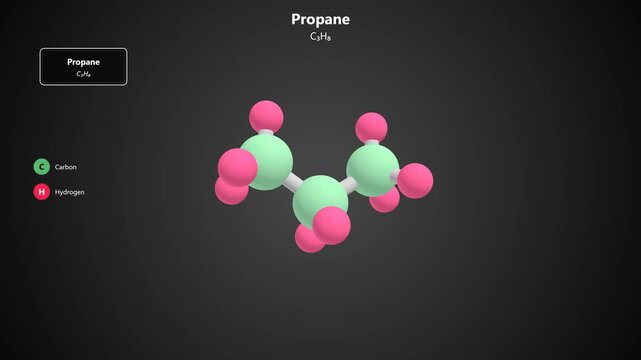 Scientific ball and stick model showing the molecular structure of propane chemical compound with carbon and hydrogen atoms