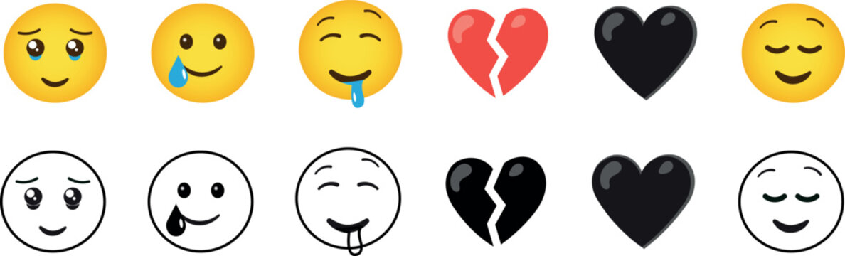 Emoji face icons and heart symbols, 12 vector emoticons in color and line art, expressive yellow smiley characters and broken hearts