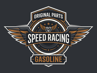 Fototapeta premium Retro Speed Racing Gasoline Emblem with Wings and Engine Parts
