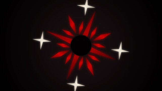 Abstract red celestial sunburst graphic with central black void and white stars