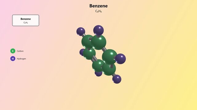 Scientific illustration of a benzene molecule showing carbon and hydrogen atoms in a structural model