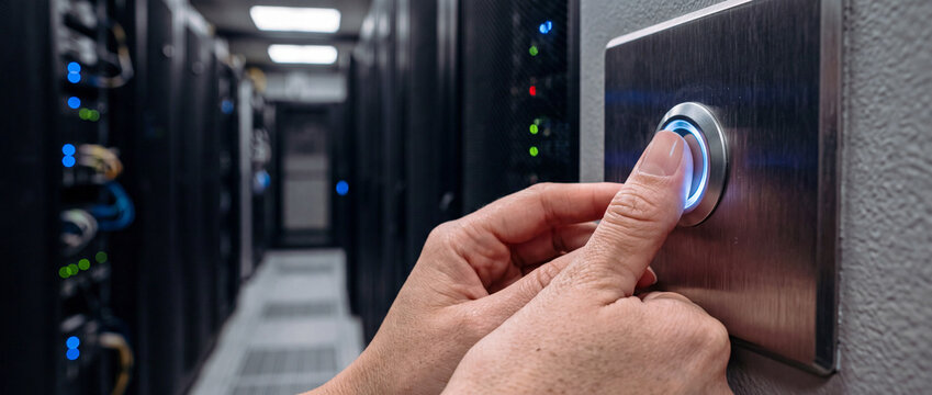 Data center security access button pressed by technician in server room for secure entry control