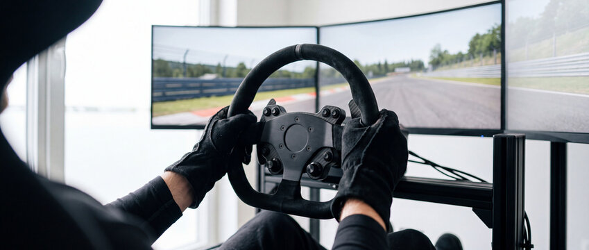 Sim racing driver using racing simulator steering wheel and triple monitor setup for virtual motorsport practice