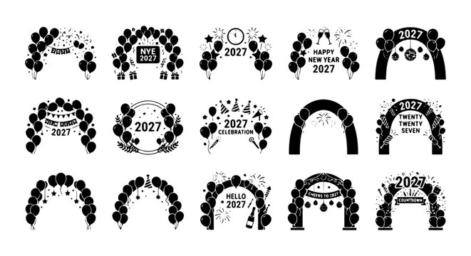 New Year's Eve Balloon Arches Set, 2023 Celebration Arcs, Festive Holiday Entryways Vector Collection