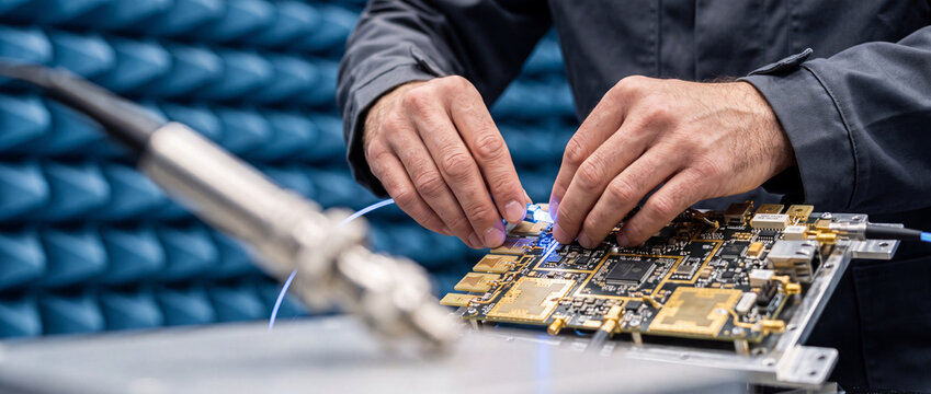 Electronics technician testing circuit board prototype in RF lab with hands-on microelectronics work