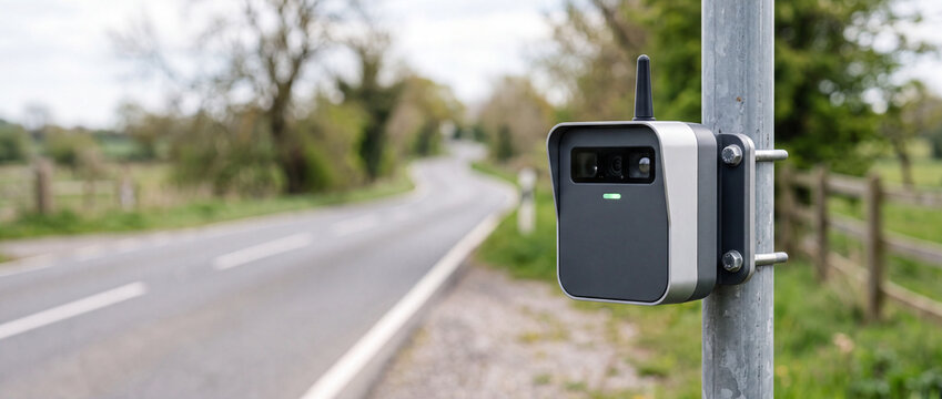 Roadside speed camera and traffic sensor mounted on pole overlooking rural country road