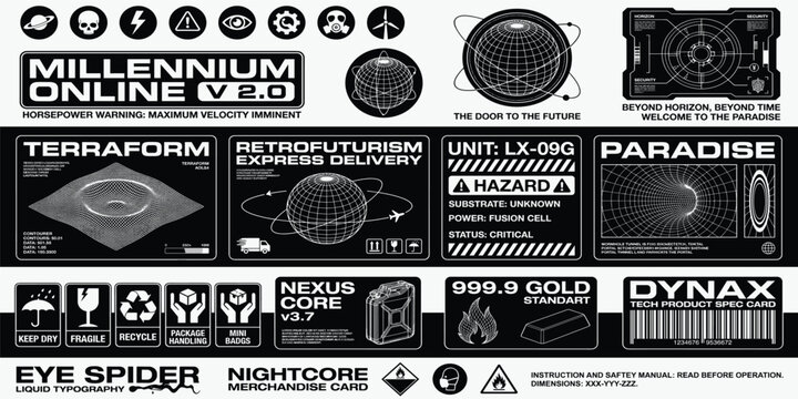 Sci-fi industrial micrographics and tech layouts. Monochrome technical schemes, blueprints, 3d shapes, instruction, info decal. Futuristic micrographics. Vector tech labels - instruction and schemes