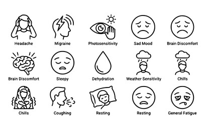 Fototapeta premium Bad Feeling Symptoms and Healthcare Line Icon Set with Headache Migraine Cough Fatigue and Rest