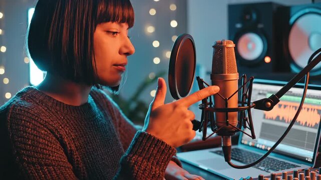 Woman records podcast with microphone in home studio setup. Female podcaster speaks into microphone. Woman creates podcast content at studio. Podcaster records audio with professional microphone.