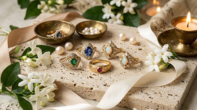 Ornate gemstone rings and pearls for a bollywood day celebration