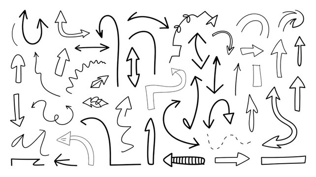 Collection of diverse hand-drawn arrows indicating direction and movement in a simple outline style
