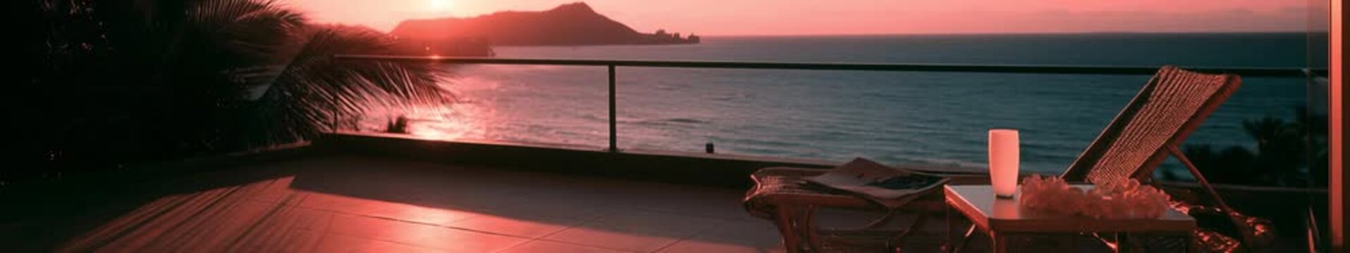 Luxury Oceanfront Terrace with Lounge Chair and Sunset Sea View in a Panoramic Seamless Loop Animation