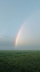 Fototapeta premium Generative AI captures a serene rainbow arching over a lush green field