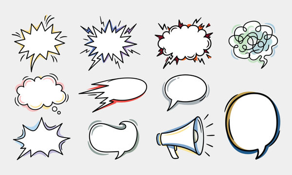 A vibrant collection of hand-drawn comic book style speech bubbles and thought clouds on a light gray background.