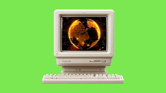 Retro vintage computer with keyboard showing glowing golden digital globe on green screen background 3d illustration