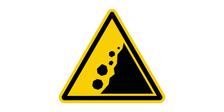 Warning sign with falling rocks, black boulders tumbling down a yellow triangle with a bold black border.