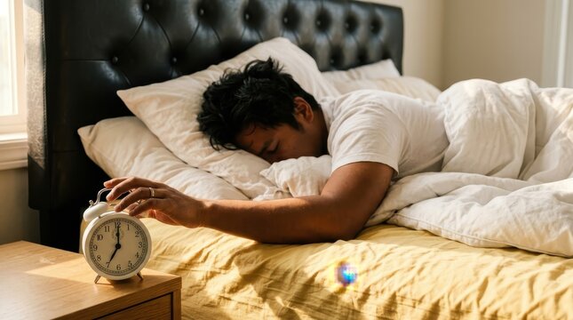 Tired Young Man Reaching to Turn Off Alarm Clock on Bedside Table in Sunny Bedroom Morning Routine