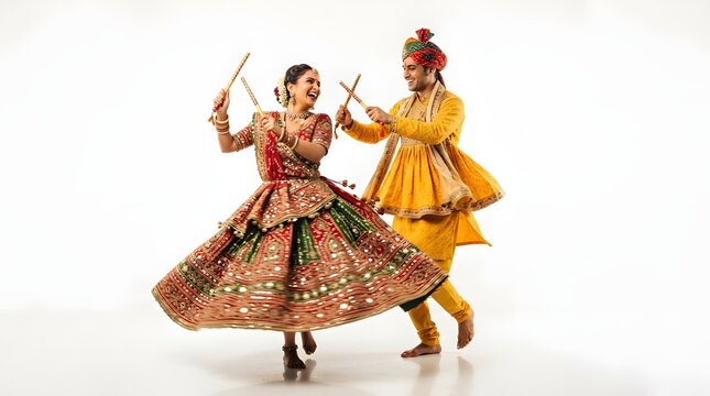Indian couple dancing garba with dandiya sticks isolated on white background