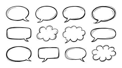 Fototapeta premium Collection of hand drawn speech bubbles and thought clouds on a plain surface